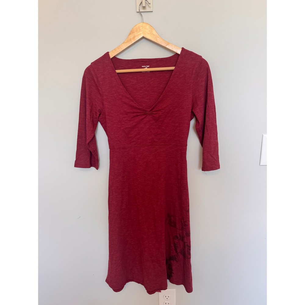 HORNY TOAD | V-Neck Dress Womens Medium Red Slub Knit Floral Tie Back Casual